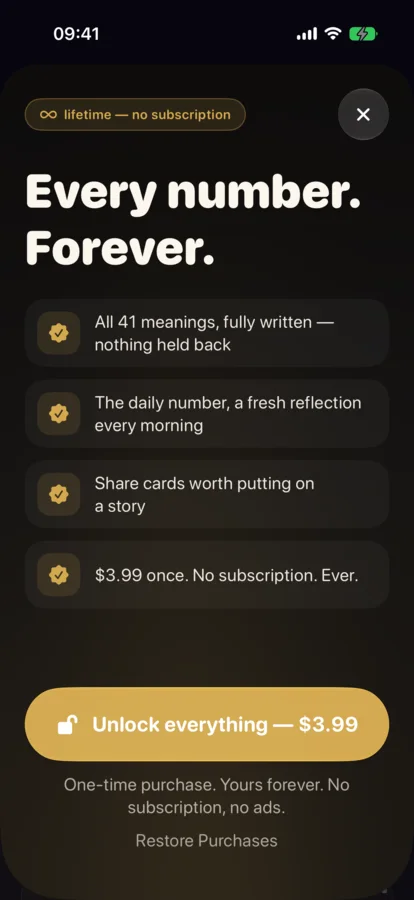 The one-time Angel Numbers unlock with its full price visible