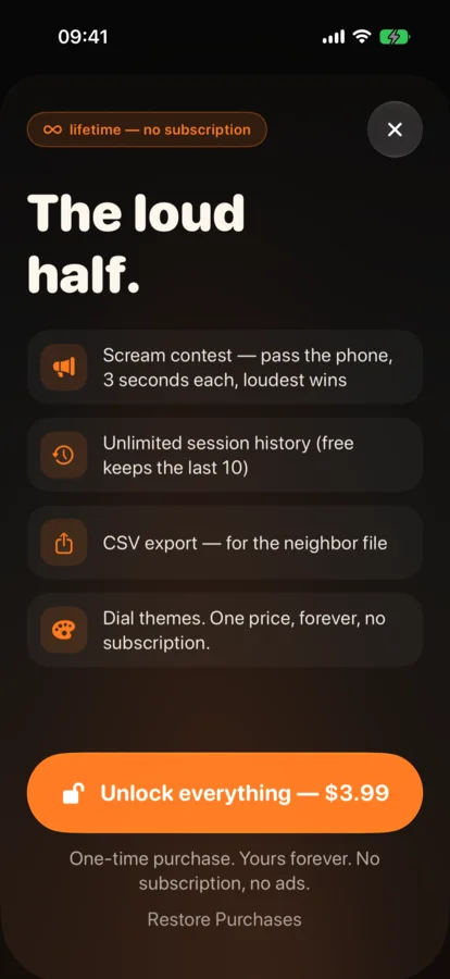 The Decibel one-time unlock showing scream contest, history, CSV export and themes