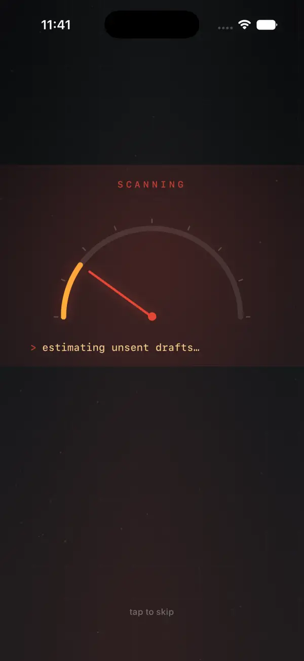 The scan in progress: a gauge sweeping with terminal readouts like applying zero science