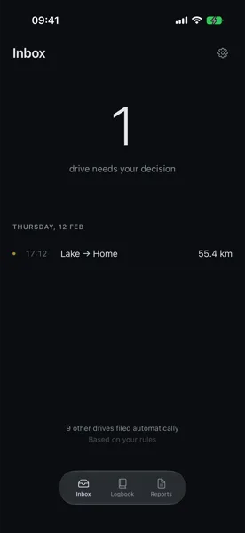 The inbox: one drive waiting for a decision — Lake to Home, 55.4 kilometres — while nine others were filed automatically by rules