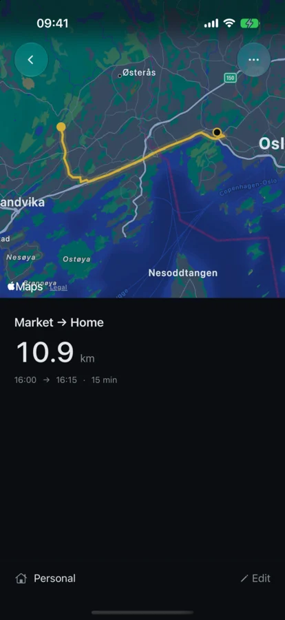 Mile Inbox showing a measured road route from Oslo west to Haslum