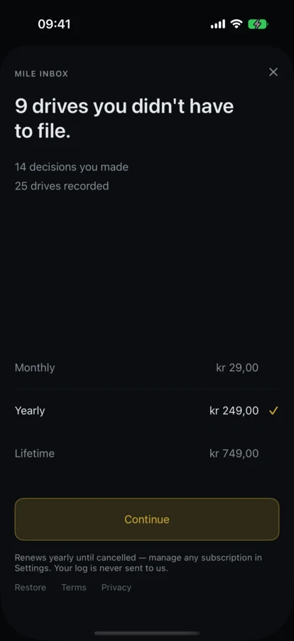 The Mile Inbox paywall showing monthly, yearly and lifetime prices, with the yearly plan selected