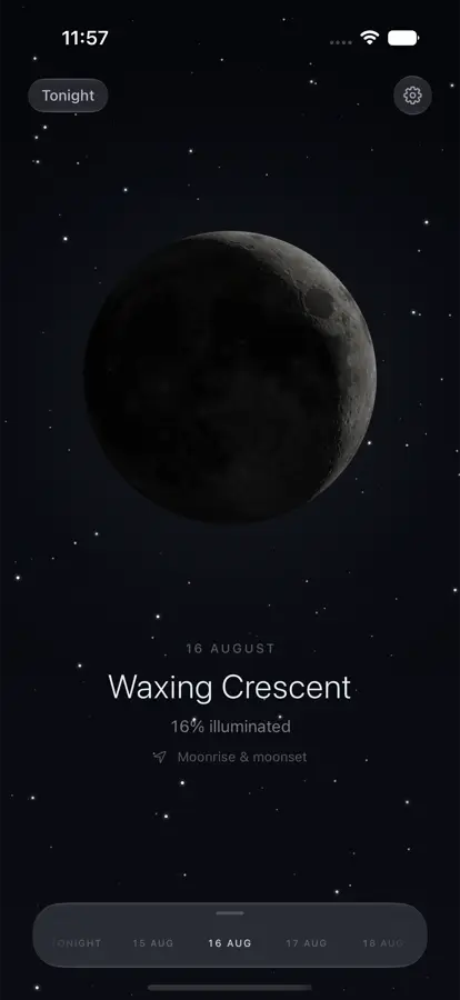 A waxing gibbous Moon fills the screen above the words Waxing Gibbous and 82 percent illuminated, with a rail of dates along the bottom