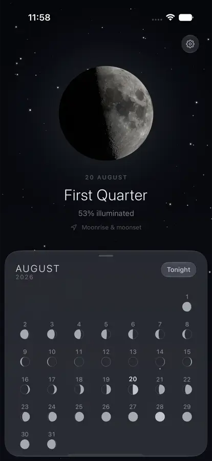 First Quarter above a glass calendar showing every night of August as a small phase glyph