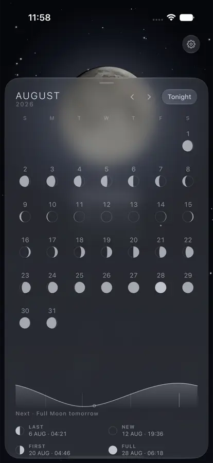 The month's illumination drawn as a curve, with the new, first quarter, full and last quarter moons listed at their exact times