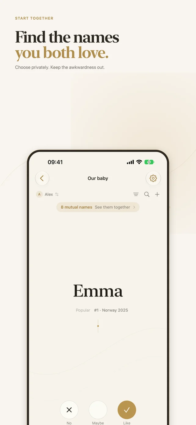 Name Match discovery screen with a baby name ready for a private reaction