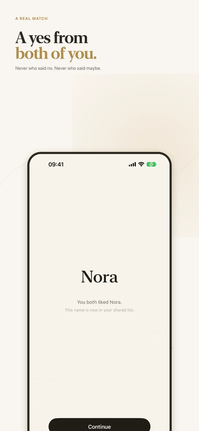 A mutual match revealed only after both participants liked the same name