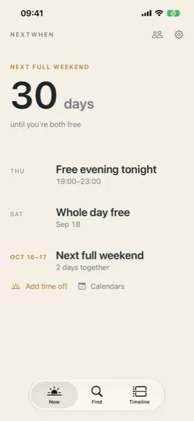 The home answer: 30 days until you're both free, with the next free evening and whole day listed and the next full weekend in gold