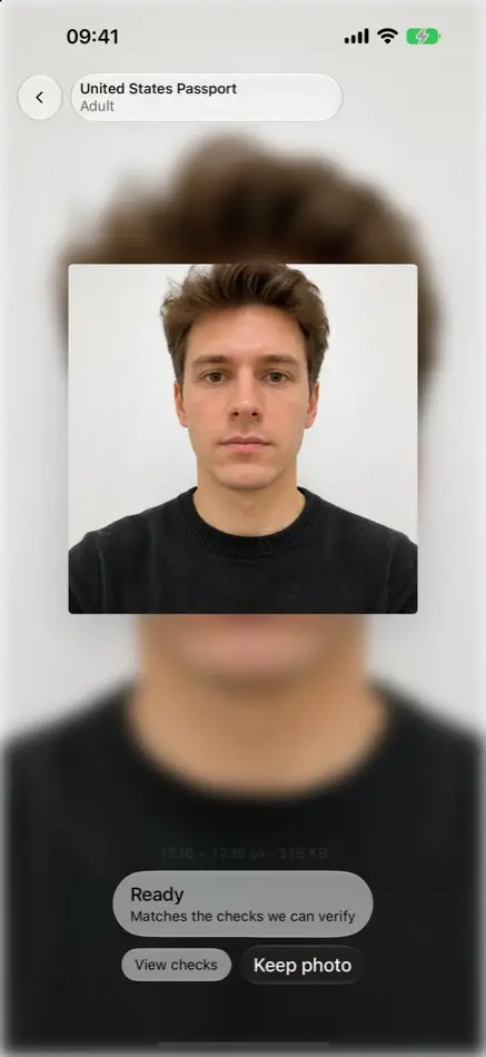 Passport Photo showing a finished photograph and its verification checks