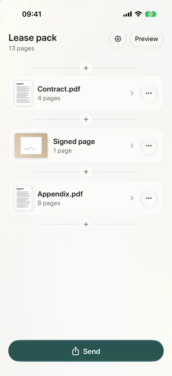 A document called Lease pack made of three pieces of material: Contract.pdf with four pages, a photographed signed page, and Appendix.pdf with eight