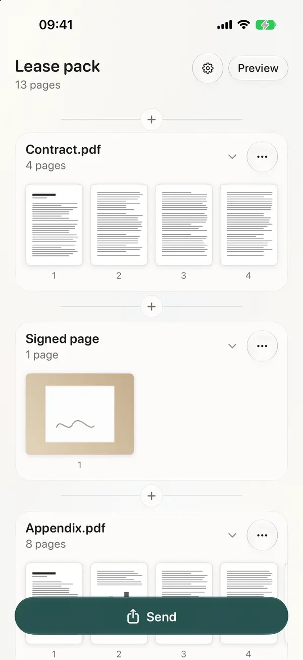 The same document with Contract.pdf opened to page level, its four pages laid out in order and numbered