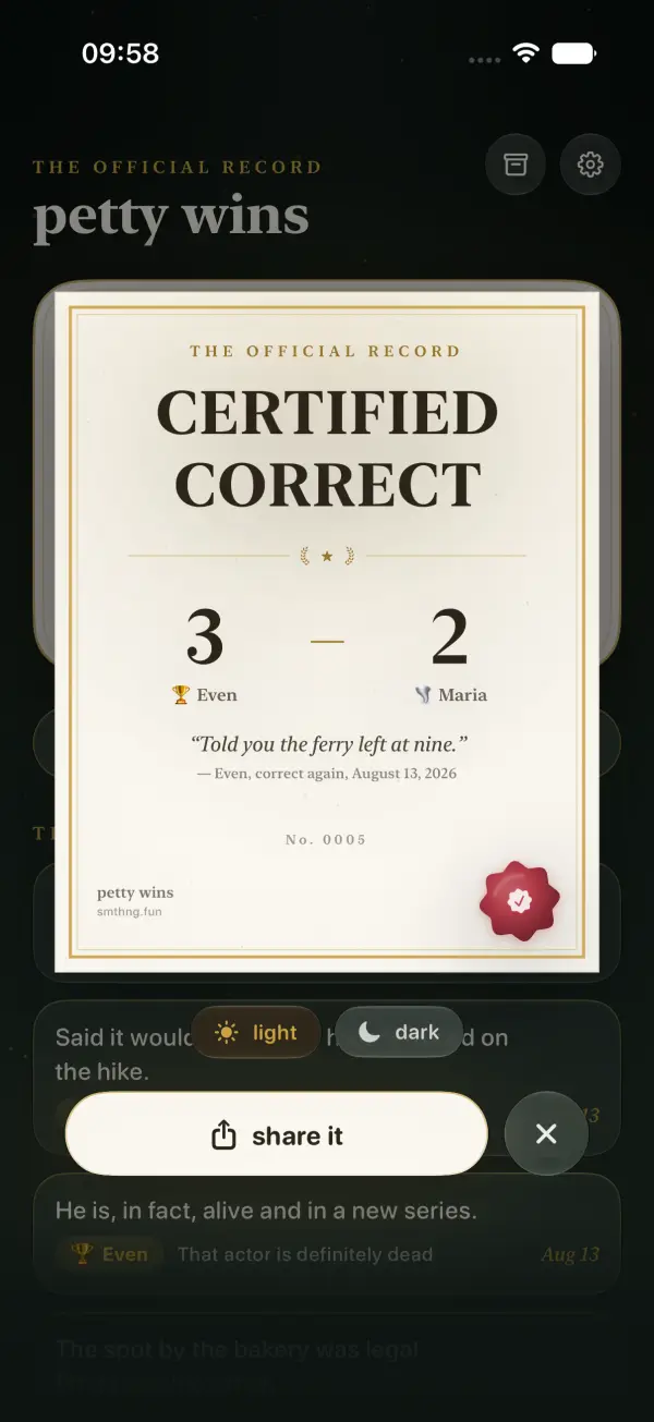 A cream certificate reading CERTIFIED CORRECT with the score 3 to 2 and a red wax seal
