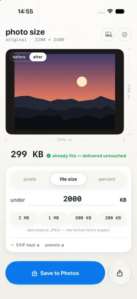 The light table in file-size mode: a 3200 by 2400 original against an under-2000-kilobyte target — 299 KB already fits, delivered untouched
