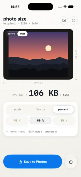 Percent mode: the same photo scaled down, before and after on the light table