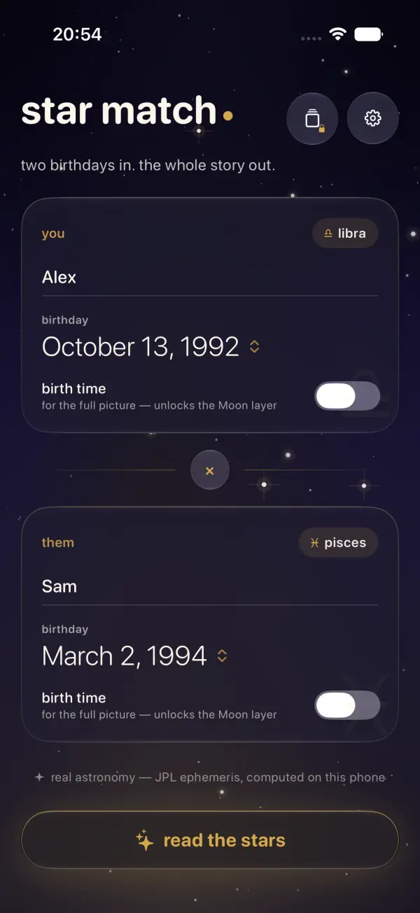 Two birthday cards — you and them — with live sun signs and a golden read-the-stars button