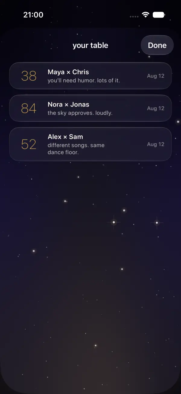 Your table: saved matches with scores and verdicts, ready to compare