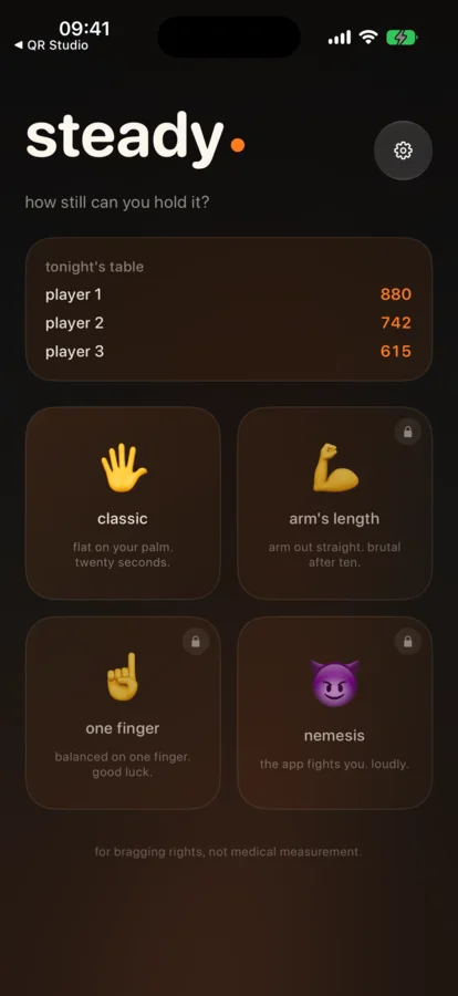Steady's game modes and pass-the-phone score table