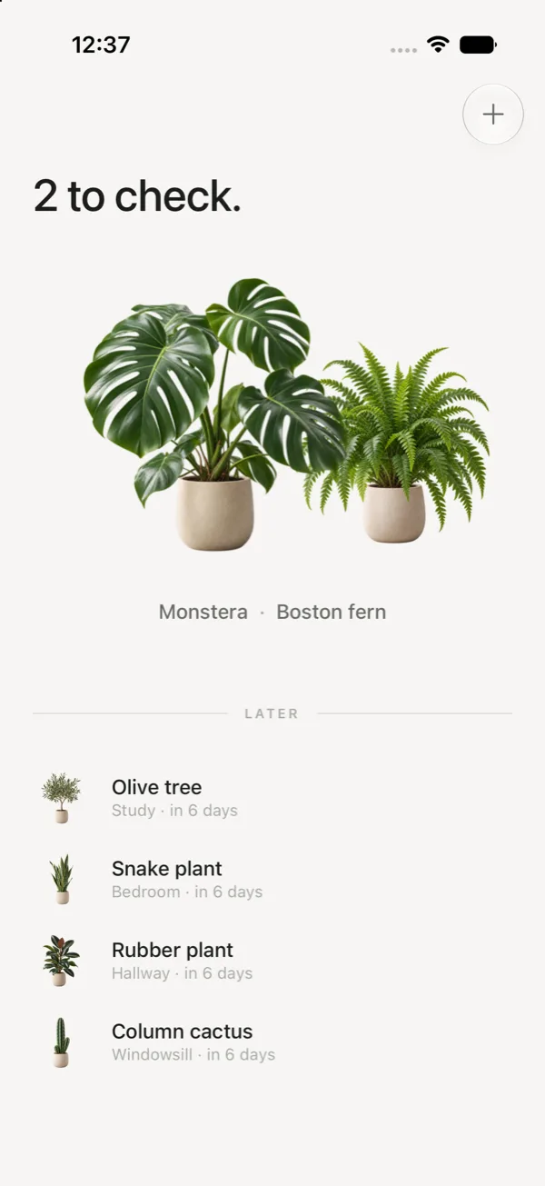 The home screen reading 2 to check, with the two due plants shown together and the rest listed quietly under LATER