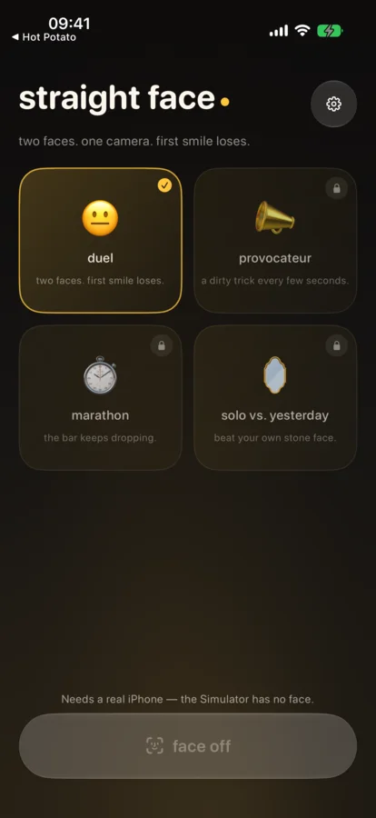Straight Face Duel's four game modes, ready for two players and one camera