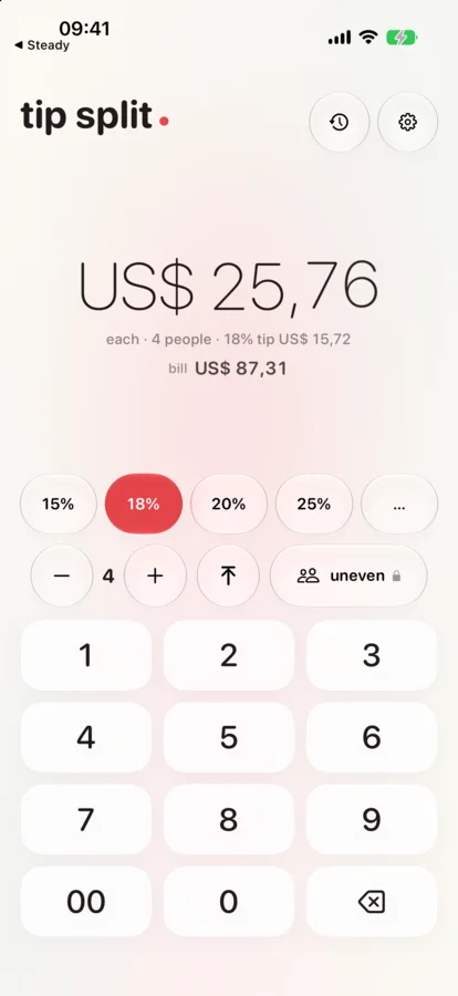 Tip Split dividing an 87 dollar bill and 18 percent tip among four people