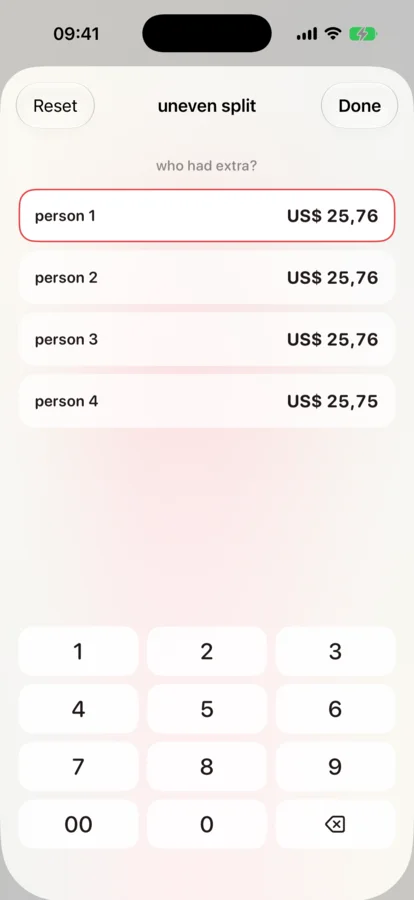 The uneven split editor assigning exact shares to four people