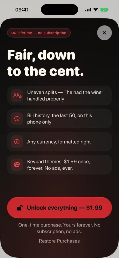 The one-time Tip Split unlock with the full price visible