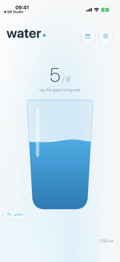 Water with five of eight glasses logged and the vessel half full
